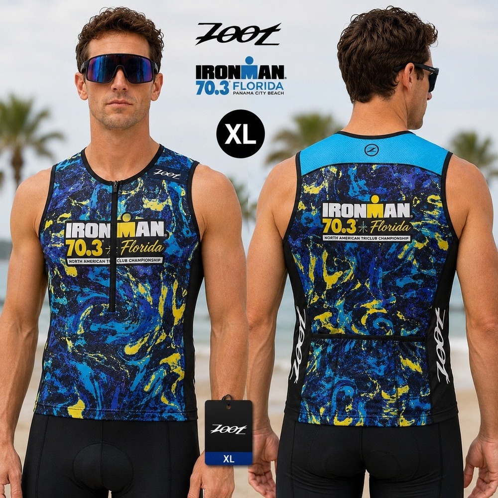 Zoot Ironman 70.3 Florida Tri Top Mens XL Blue Yellow Sleeveless Jersey NWT